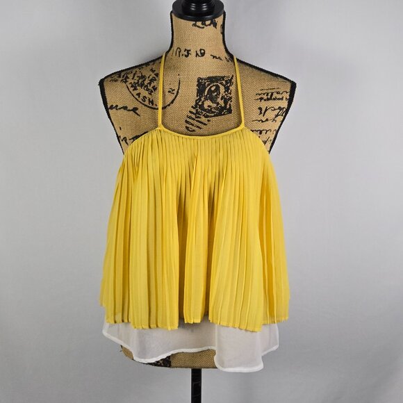 UB Los Angeles Yellow Pleated Halter Top S Layered Sheer Boho Chic Summer Resort - Picture 5 of 9